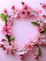 Beautiful pink cherry blossoms arranged in a circular frame on pastel background photo