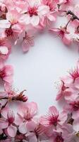 Pink cherry blossom flowers arranged in a circular frame on a white background photo