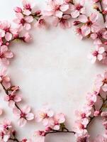 Cherry blossom branches create a delicate frame on a light background photo