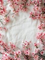 Delicate pink cherry blossoms arranged beautifully on soft fabric photo