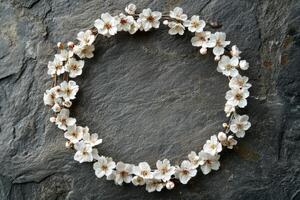 Floral crown featuring delicate white blossoms on textured stone background photo
