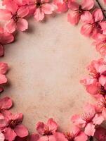 Pink cherry blossoms frame a blank background for creative designs photo