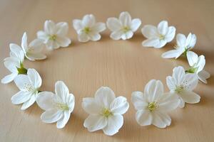 White flowers arranged in a circular pattern on a wooden table photo