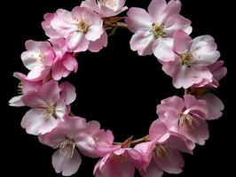 Cherry blossom wreath with delicate pink and white flowers on black background photo