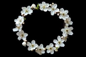 White flowering branch arranged in a circular pattern on black background photo