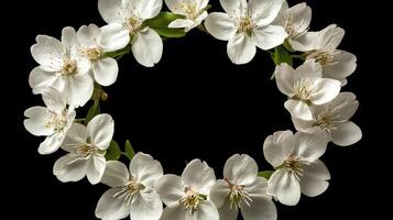 White cherry blossom wreath on a black background showcasing spring beauty photo
