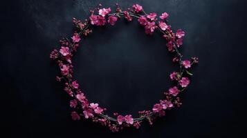 Beautiful cherry blossom wreath on a dark background in springtime photo