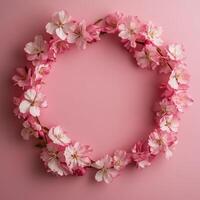 Floral wreath of pink blossoms against a soft pink background photo