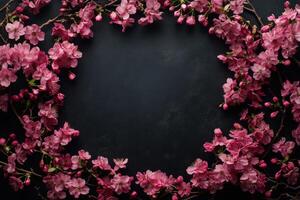 Beautiful pink cherry blossom wreath on a dark background for decoration photo