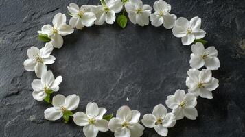 White flowers arranged in a circular pattern on a dark stone surface photo