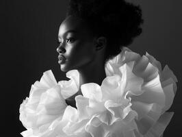Elegant fashion model poses in a striking ruffled white garment photo