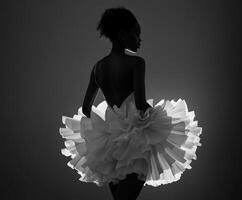 Elegant dancer in a striking white ruffled dress against a dark backdrop photo
