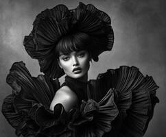 Captivating fashion portrait of a model in dramatic black ruffled attire photo