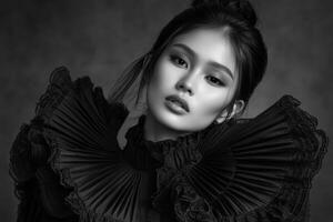 Striking black and white portrait of a model with dramatic ruffled fashion photo
