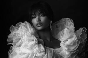 Elegant model showcasing dramatic fashion in black and white portrait photo
