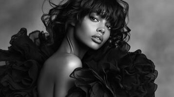 Elegant portrait of a model in a dramatic black outfit against a soft backdrop photo