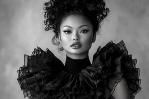 Elegant model poses in dramatic black ruffled attire against a soft backdrop photo