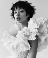 High fashion portrait of a model with dramatic ruffled attire photo
