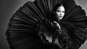 A model poses gracefully, adorned in an expansive black fabric creation photo