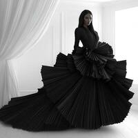 Elegant black fashion design showcased in a bright room with flowing fabric photo