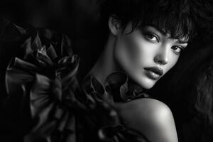 Striking black and white portrait of a model with dramatic styling photo