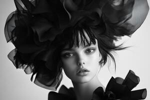 Striking black fashion art featuring a model with bold headpiece photo