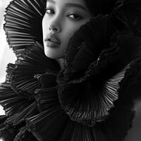 Elegant portrait of a model in striking black ruffled fashion design photo