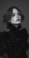 Model poses elegantly in black ruffled outfit with soft, understated makeup photo
