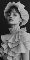 Elegant fashion portrait featuring a model in voluminous gray attire photo