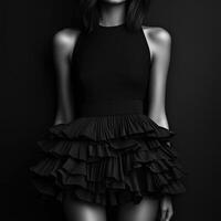 Elegant model showcasing a black ruffled dress against a dark background photo