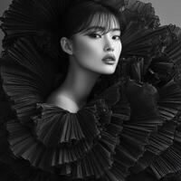 Striking black fashion portrait featuring model with dramatic ruffled collar photo