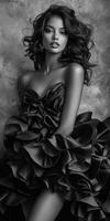 Elegant model showcases black ruffled dress in stylish studio setting photo