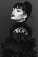 Fashion portrait of a model in a stylish black outfit against a dark background photo