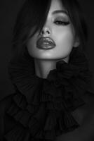 Striking portrait of a woman with dramatic makeup and ruffled collar photo