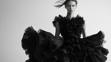 Elegant model showcases black ruffled dress in striking monochrome setting photo