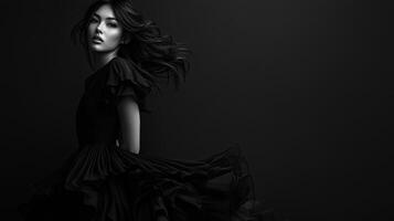 Elegant model in flowing black dress poses against dark backdrop photo