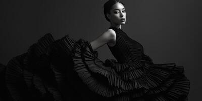Elegant model in a dramatic black dress striking a pose in studio photo