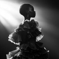 Elegant profile of a model wearing a dramatic ruffled dress under spotlight photo