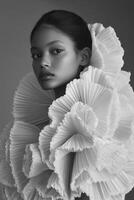 Striking portrait of a model wearing a dramatic paper-like fashion design photo