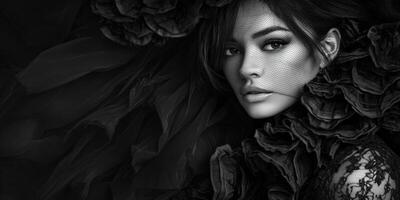 Elegant portrait of a woman in dark floral attire with dramatic lighting photo