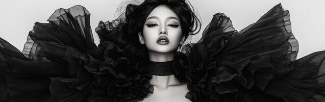 Striking fashion portrait with dramatic black ruffles in studio setting photo