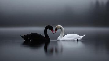 Swans and black birds create a serene moment on a misty lake photo