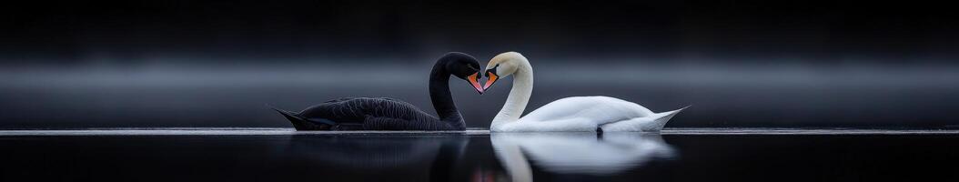 Swans in harmonious embrace on a tranquil lake at dusk photo