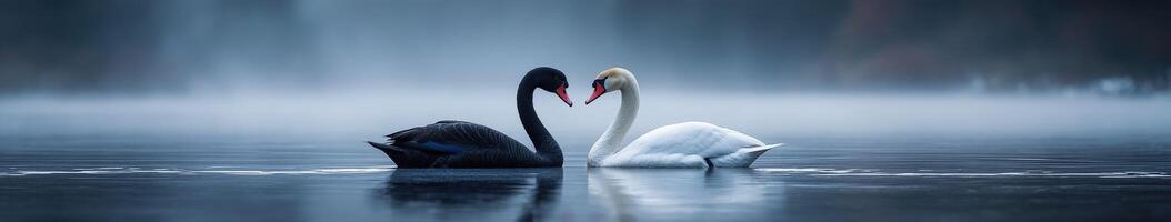 Swans and black swan forming a heart shape on a misty lake photo