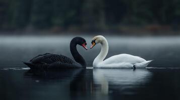 Elegant swans share a moment of affection on a misty lake at dawn photo
