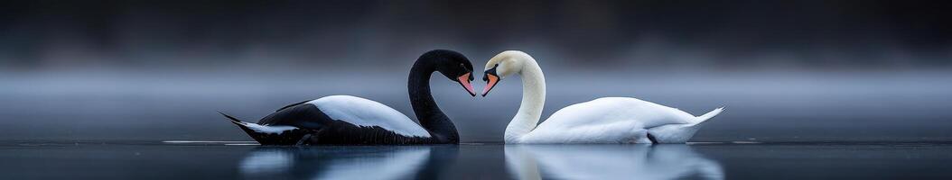 Black swan and white swan create heart shape in tranquil lake photo
