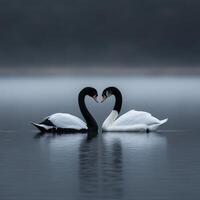 Swans gracefully interacting on a calm lake during an overcast morning photo