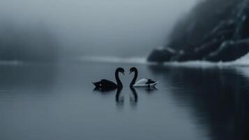 Swans engaging in a tender moment on a foggy lake at dawn photo