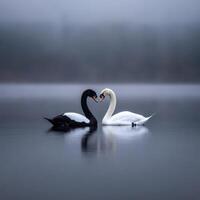 Black and white swans create a heart shape in misty lake waters photo