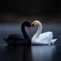 Elegant interaction between black and white swans on tranquil water surface photo